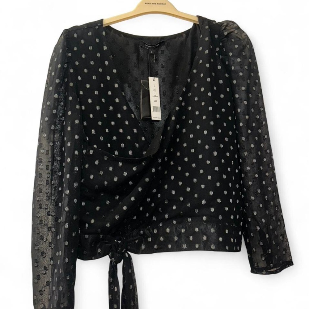 NWT Walter Bak r black sheer polka dot blouse with‎ tie waist originally $148